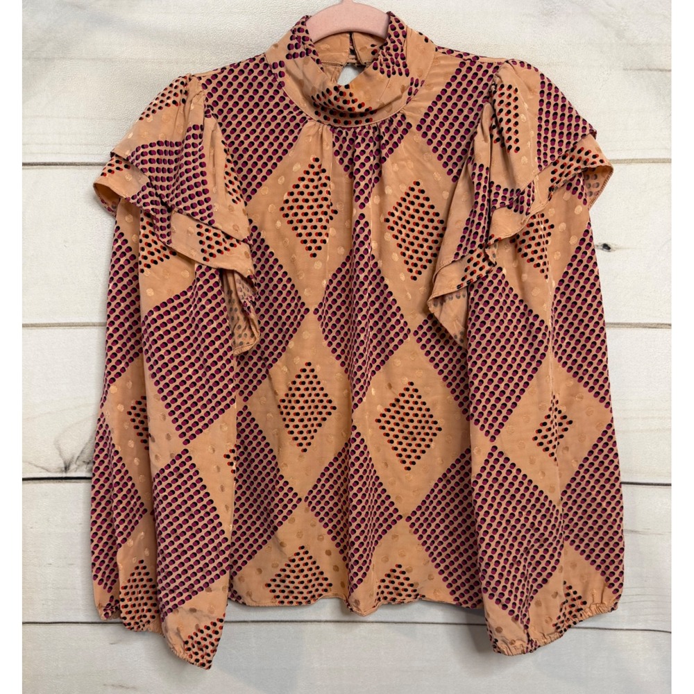 Hofmann Copenhagen Bella Blouse Orange Geometric Diamond Ruffle Mock Neck 34